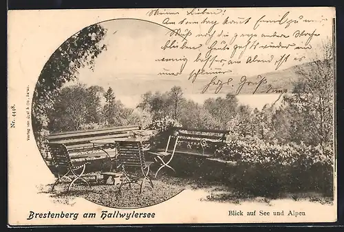 AK Brestenberg a. Hallwylersee, Sitzgelegenheiten mit Blick auf See und Alpen