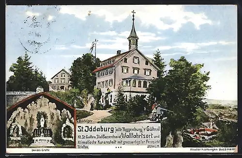 Künstler-AK St. Iddaburg /Gähwil, Kloster, alte Toggenburg, Lourdes-Grotte