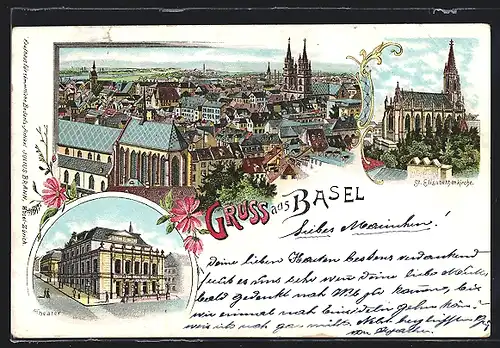 Lithographie Basel, Theater, St. Elisabethenkirche, Totalansicht