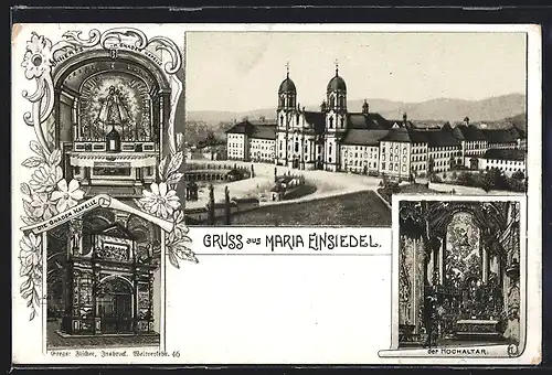 Lithographie Einsiedeln, Kloster Maria Einsiedel, Gnaden-Kapelle Aussen- und Innenansichten