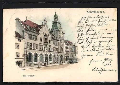 AK Schaffhausen, Neues Postamt mit Strassenbahn