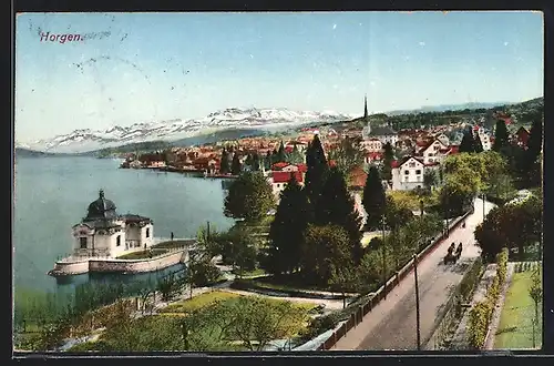 AK Horgen, Ortsansicht mit Uferstrasse und Palast im Wasser