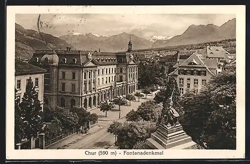 AK Chur, Teilansicht mit Fontanadenkmal aus der Vogelschau