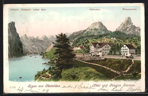 AK Obstalden, Hotel-Pension Sternen mit Uferstrasse, Leistkamm, Alpfirzstock