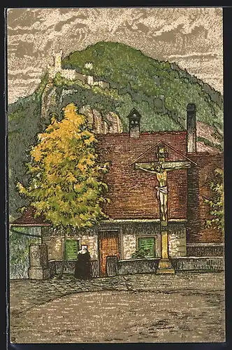 Künstler-AK Baden, Kirchplatz mit Burg Schartenfels