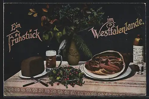 AK Ein Frühstück im Westfalenlande, Stilleben mit Schwarzbrot, Steinhäger, Schinken und Bier