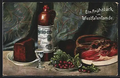AK Stillleben mit Schinken, Schnaps und Brot, Ein Frühstück im Westfalenlande