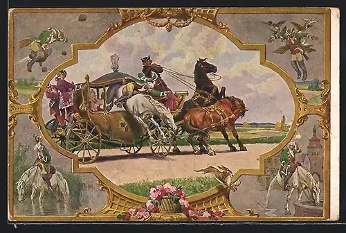 Künstler-AK Paul Hey: Münchhausen beim Sprung mit Pferd durch eine Kutsche, Ritt auf der Kanonenkugel