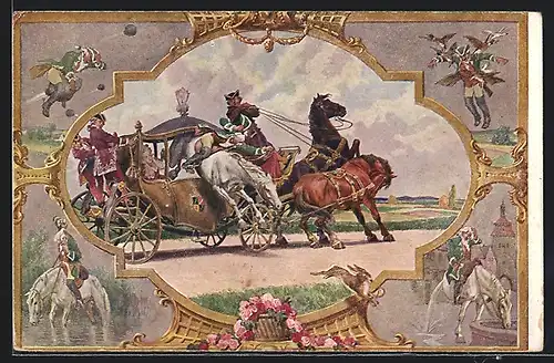 Künstler-AK Paul Hey: Münchhausen beim Sprung mit Pferd durch eine Kutsche, Ritt auf der Kanonenkugel