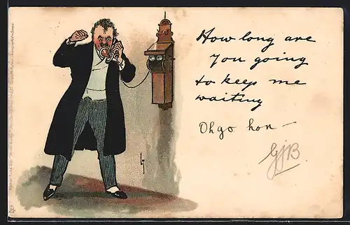 Lithographie Herr beim erregten Sprechen in ein Wandtelefon