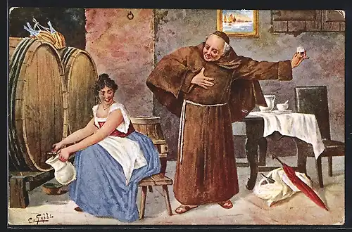 AK Zechender Mönch mit junger Serviererin im Weinkeller