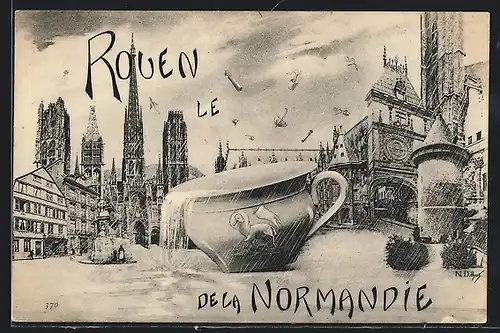 Regen-AK Rouen, Regenwasser fliesst aus einer Tasse in die Stadt