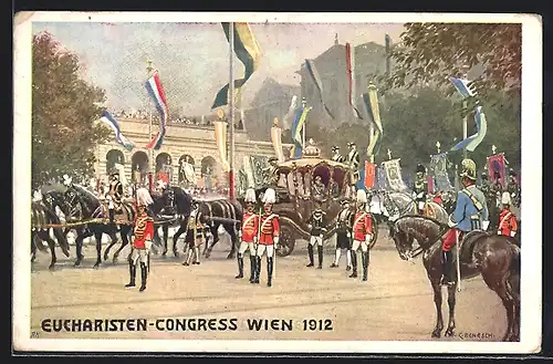 Künstler-AK C. Benesch: Wien, Eucharisten-Congress 1912, Kaiser in Kutsche