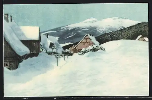 AK Grenzbauden mit Schneekoppe im Winter