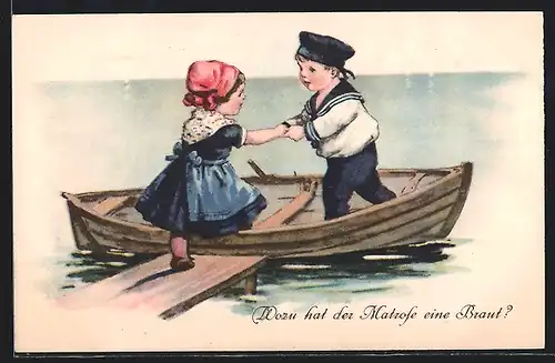 Künstler-AK Elly Frank: Kleiner Matrose hilft kleiner Braut ins Boot