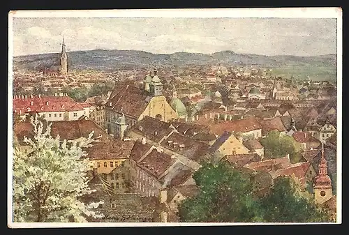 Künstler-AK Hans Götzinger: Graz, Blick auf die Stadt vom Uhrturm