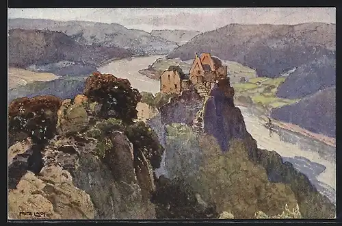 Künstler-AK Fritz Lach: Ruine Aggstein, Nibelungenweg