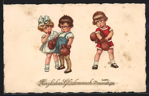 AK Kleine Männer boxen um eine Dame