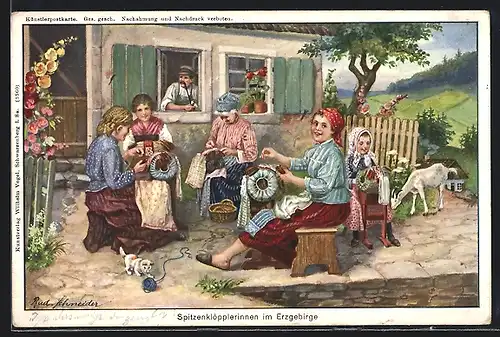 Künstler-AK Rudolf Schneider: Spitzenklöpplerinnen vor einem Haus im Erzgebirge