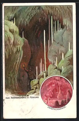 Lithographie Rübeland /Harz, Hermannshöhle u. Mann mit Laterne, Crystallkammer
