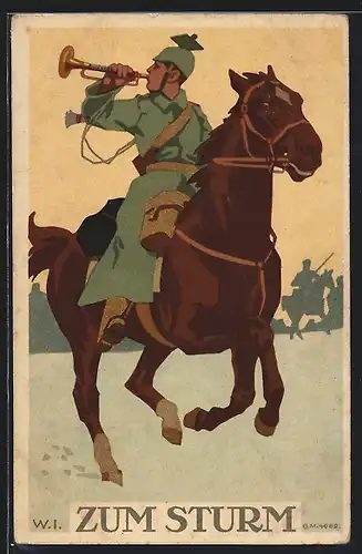 Künstler-AK W.I.: Soldat zu Pferde bläst zum Sturm
