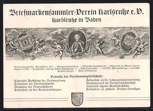 AK Karlsruhe in Baden, Briefmarkensammler-Verein Karlsruhe e. V., Engel mit Briefmarken