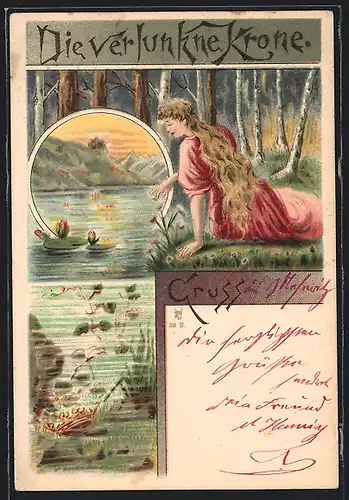 Lithographie Die versunkene Krone, Prinzessin sitzt am Ufer und blickt zum Grund