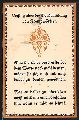 Künstler-AK Lessing über die Verdeutlichung von Fremdwörtern, Sprachpolitik