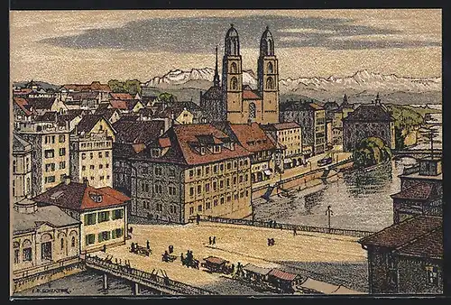 Künstler-AK Ernst E. Schlatter: Zürich, Rathaus und Grossmünster