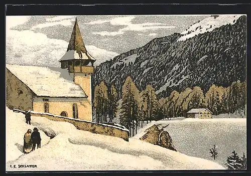 Künstler-AK Ernst E. Schlatter: Bergkirchlein im Schnee