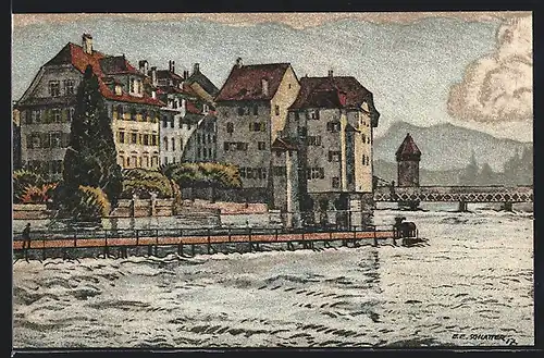 Künstler-AK Ernst E. Schlatter: Luzern, Im Zöpfli, Ortspartie an der Reuss