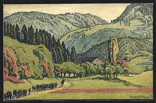 Künstler-AK Ernst E. Schlatter: Vallee du Jura pres de Fontaines, der Marsch durchs Tal