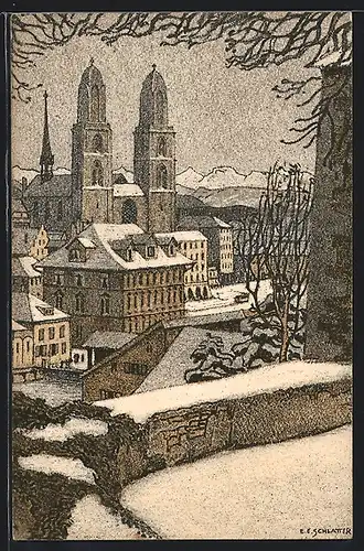 Künstler-AK Ernst E. Schlatter: Zürich, Ortsansicht mit Grossmünster im Winter