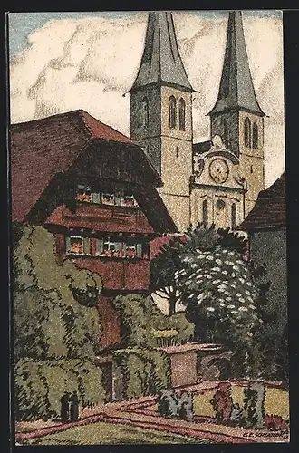 Künstler-AK Ernst E.Schlatter: Luzern, Hofkirche mit Kaplanenhaus