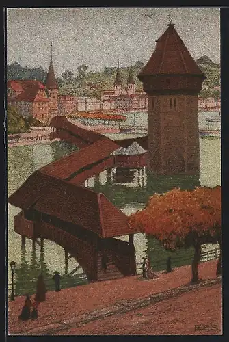 Künstler-AK Ernst E.Schlatter: Luzern, Kapellbrücke gegen das Schweizer Quai