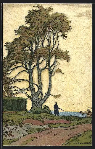 Künstler-AK Ernst E.Schlatter: Mann mit Gewehr steht neben einem Baum und blickt aufs Land hinaus