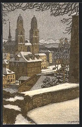 Künstler-AK Ernst E. Schlatter: Zürich, Ortsansicht mit Grossmünster im Winter
