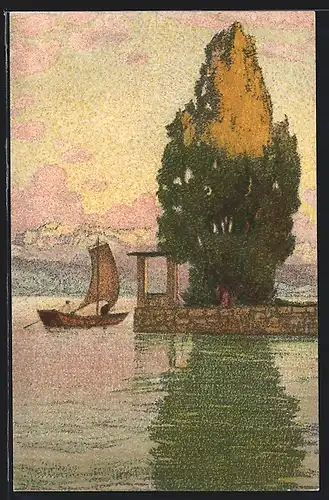 Künstler-AK Ernst E. Schlatter: Zürich, Abend am See & Wollishofen