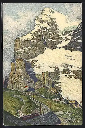 Künstler-AK Ernst E. Schlatter: Station Eigergletscher mit dem Eiger