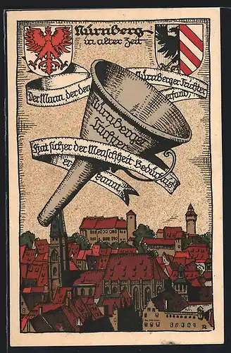 Steindruck-AK Nürnberg, Wappen und Nürnberger Trichter