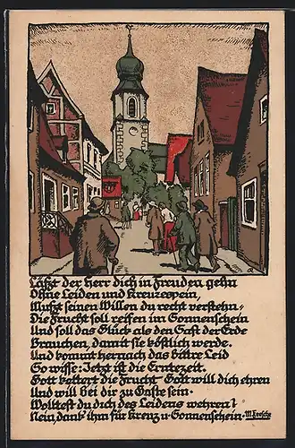Steindruck-AK Strasse mit Kirchblick, Gedicht von M. Feesche