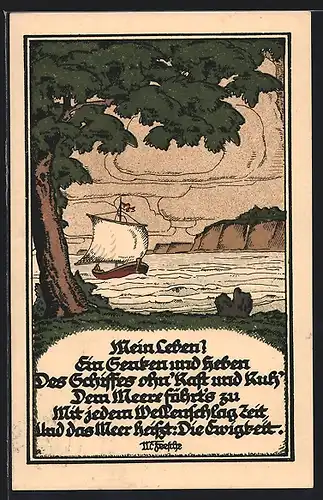 Steindruck-AK Mein Leben?..., Uferpartie mit Baum und Segelboot