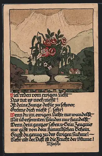 Steindruck-AK Vase mit Blumen auf einem Geländer stehend - mit Spruch von M. Feesche