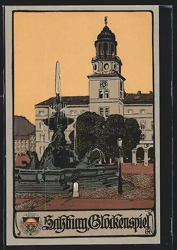 Steindruck-AK Deutscher Schulverein NR314: Salzburg, Glockenspiel, Brunnen
