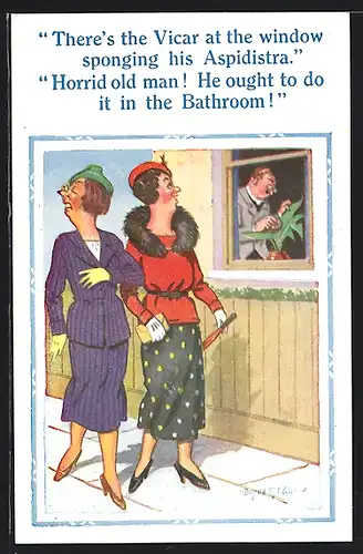 Künstler-AK Donald McGill: There`s the Vicar at the window...