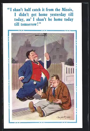 Künstler-AK Donald McGill: Betrunkene an einem Laternenpfahl