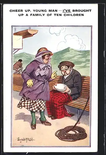 Künstler-AK Donald McGill: Cheer up, young man, I`ve brought up a family of ten children, Seekranker Passagier