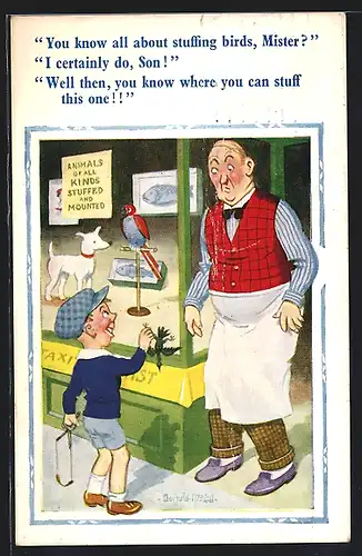 Künstler-AK Donald McGill: You know all about stuffing birds, Mister?