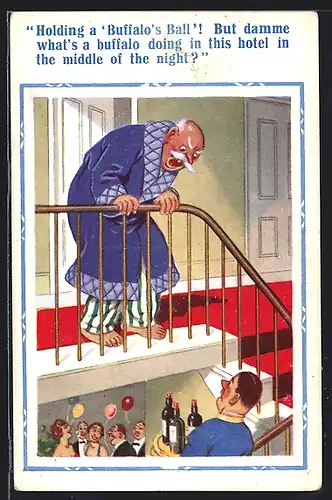 Künstler-AK Donald McGill: Verärgerter Hotelgast im Bademantel