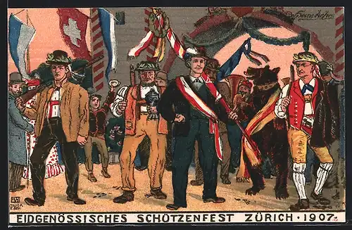 Künstler-AK Zürich, Eidgenössisches Schützenfest 1907, Schützen mit Fahne